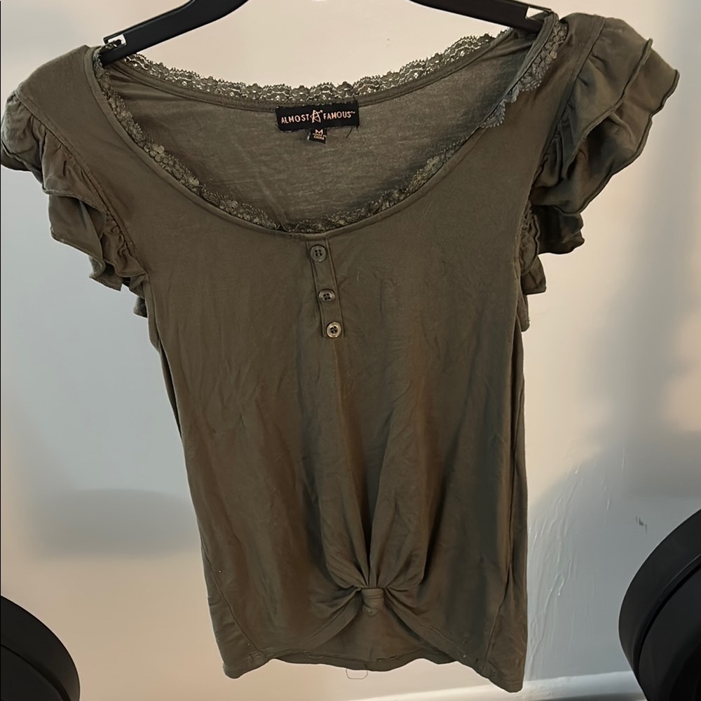 Almost Famous Green Ruffled Cap Sleeve Blouse